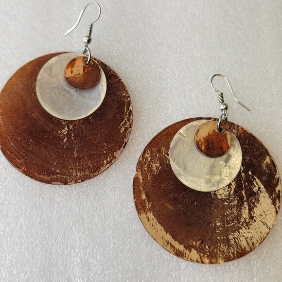 Shell Discs Metallic Copper Color Earrings Dangle Beach Boho Tribal Tropical - Picture 7 of 11